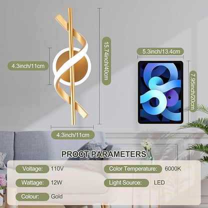 EIDISUNY 2 Pack LED Wall Sconces Indoor, 12W LED Wall Mount Lights, Modern Spiral Wall Lamp, 6000K Cold Light Fixture for Stairs, Living Room, Bedroom, Aisle, Hallway (Cold White, Gold)