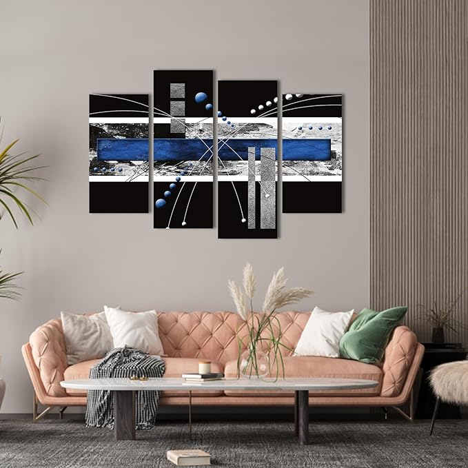 YPY Black Blue Canvas Wall Art - 4 Panels Modern Abstract Picture Set for Home Decoration - Extra Large Contemporary Painting Artwork Ready to Hang Living Room Bedroom W64 x H42