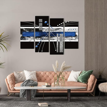 YPY Black Blue Canvas Wall Art - 4 Panels Modern Abstract Picture Set for Home Decoration - Extra Large Contemporary Painting Artwork Ready to Hang Living Room Bedroom W64 x H42