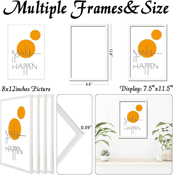 8x12 Picture Frame Set of 4, White 8 x 12 Frame High Transparent Wall Gallery Poster Canvas Photo Frames for 8 by 12 inches