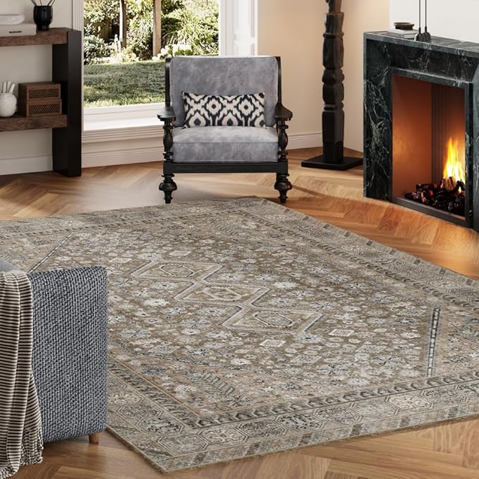 4x6 Area Rugs Beige Brown Washable Rug for Living Room, Bedroom, Dining Room, Large Carpets, Non Slip & Non-Shedding Low Pile Vintage Print Rug for Home Office Decor