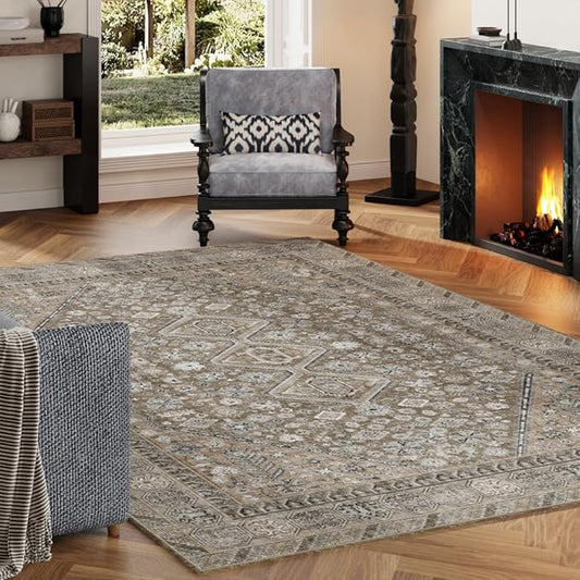 4x6 Area Rugs Beige Brown Washable Rug for Living Room, Bedroom, Dining Room, Large Carpets, Non Slip & Non-Shedding Low Pile Vintage Print Rug for Home Office Decor