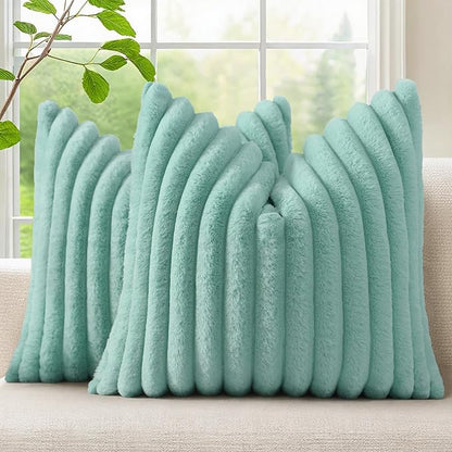 decorUhome Summer Cozy Faux Fur Throw Pillow Covers 20x20 Set of 2 Decorative Soft Plush Striped Modern Farmhouse Boho Couch Pillow Cases with Velvet Back for Sofa Bed Living Room, Aqua