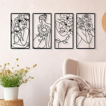 Zzbakress 4 Pcs Metal Minimalist Abstract Woman and Flower Wall Art Single Line Drawing Art Decor Minimalist Home Hanging Wall Decor for Bedroom Bathroom Living Room (style1, Black)