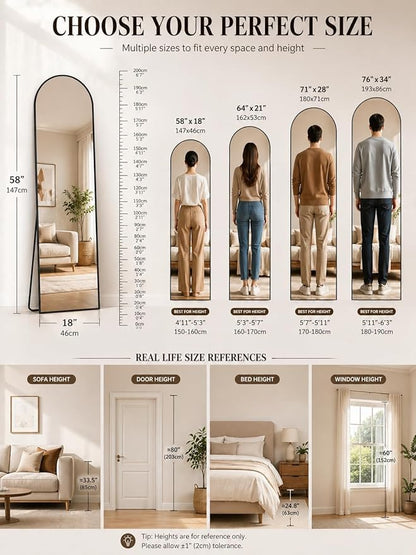Full Length Mirror, Arched Floor Mirror Freestanding, Floor Standing Full Body Mirror with Stand for Bedroom, Hanging Mounted for Living Room Cloakroom