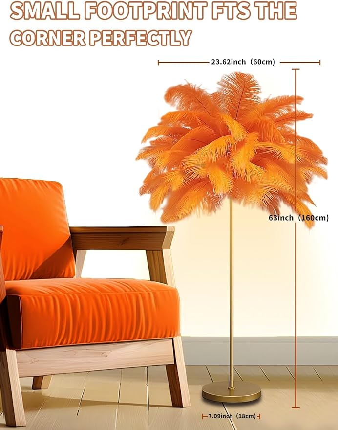 Feather Floor Lamp,Fluffy Ostrich Feather Floor Lamp for Bedroom,3 Color Temperatures Led Corner Modern Floor Lamps for Living Room Christmas Home Decor House Warming Gifts,63″ Height (Orange)