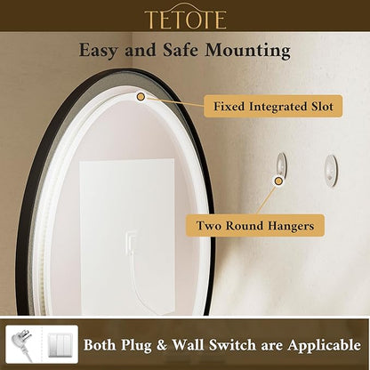 TETOTE Round Led Oil Rubbed Bronze Bathroom Mirror 36 Inch Circle Round Lighted Vanity Mirror with Lights for Bathroom Wall, 3 Color Stepless Dimmable, Anti Fog, Shatterproof, CRI 90+