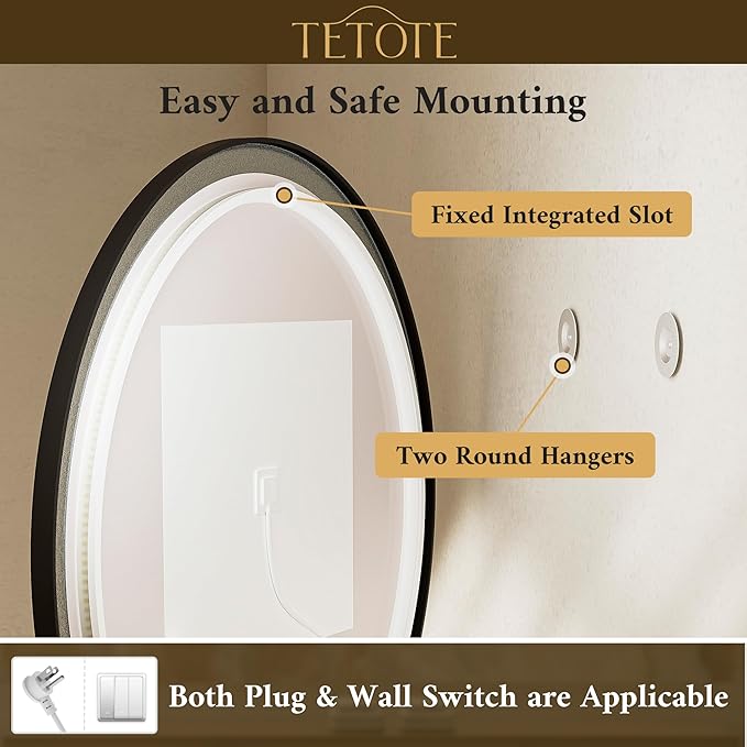 TETOTE Round Led Oil Rubbed Bronze Bathroom Mirror 24 Inch Circle Round Lighted Vanity Mirror with Lights for Bathroom Wall, 3 Color Stepless Dimmable, Anti Fog, Shatterproof, CRI 90+