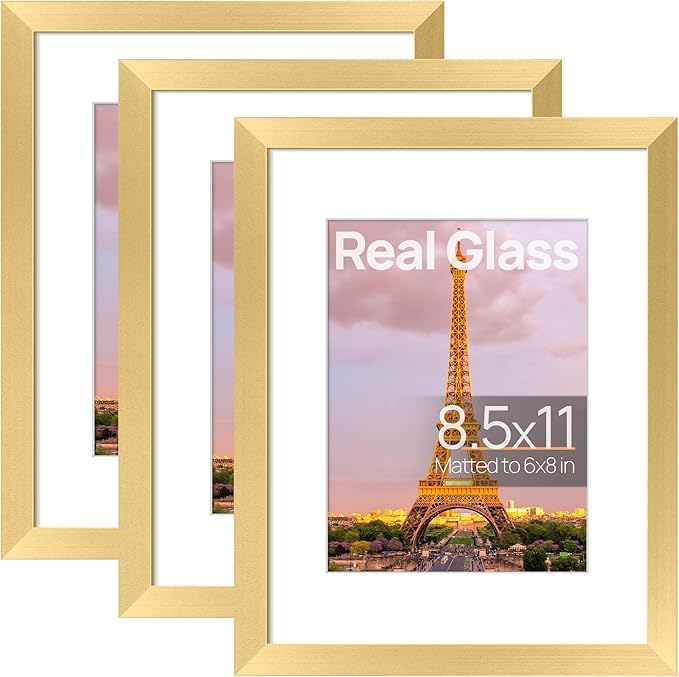 upsimples 8.5x11 Picture Frame Set of 3, Made of High Definition Glass for 6x8 with Mat or 8.5x11 Without Mat, Wall Mounting Photo Frames, Gold