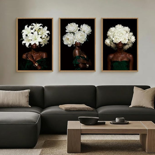 HPINUB Black Woman Framed Canvas Prints Wall Art Set, Abstract White Hydrangea Wall Decor, Vintage African American Girl Art Photos for Living Room, Bedroom, Dining Room, Office, Bathroom - 16"x24"x3