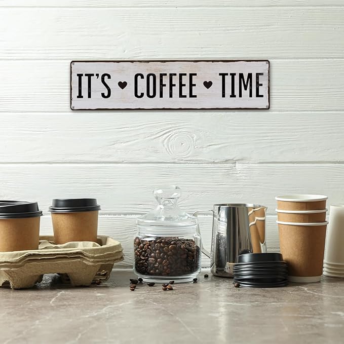 Coffee Metal Tin Sign, It's Coffee Time Sign, Home Kitchen Wall Decor, Farmhouse Decorations for Cafe, Coffees Station Decors, Decorative Metal Wall Signs 15.8x4 Inches