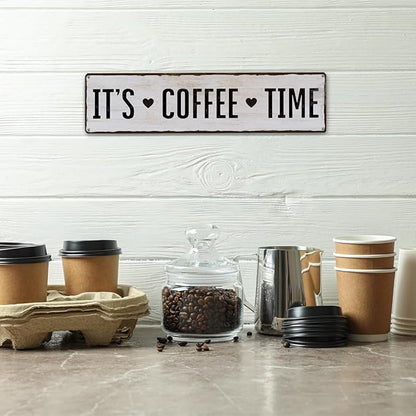 Coffee Metal Tin Sign, It's Coffee Time Sign, Home Kitchen Wall Decor, Farmhouse Decorations for Cafe, Coffees Station Decors, Decorative Metal Wall Signs 15.8x4 Inches