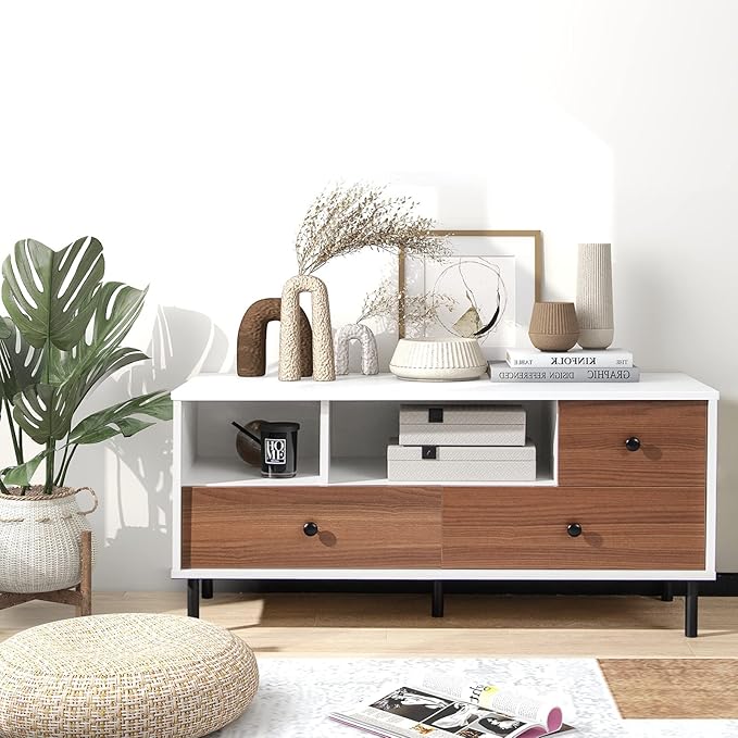 Tangkula Farmhouse TV Stand for 50-inch TVs, Modern Flat Screen Console Table with 2 Cubbies & 3 Large Drawers, Entertainment Center Storage Cabinet for Living Room (White & Walnut)