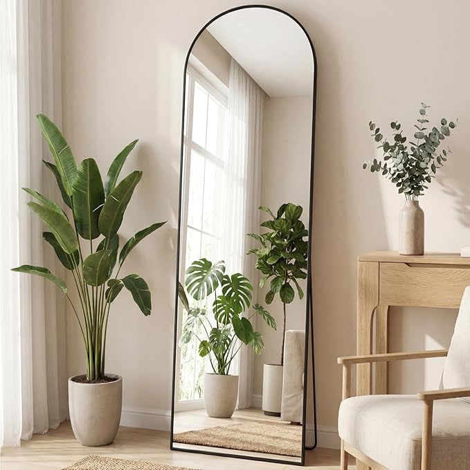 Sweetcrispy 56"x15" Arched Full Length Mirror, Full Body Mirror with Aluminum Alloy Thin Frame, Leaning or Standing, Suitable for Bedroom, Livingroom, Cloakroom, Black