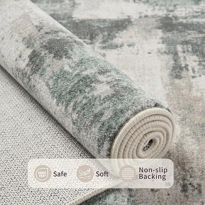9x12 Area Rug for Living Room, Large Washable Rug, Soft Neutral Abstract Rug for Bedroom, Office, Farmhouse, Low Pile Imitation Wool Non Slip Carpet Ideal for High-Traffic Areas, Green Grey