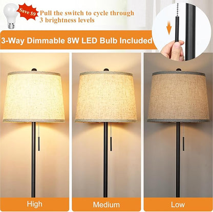 JUNNAI 【Upgraded】 Modern Black Floor Lamp 63in Standing Lamp for Living Room Bedroom Office 3 Way Brightness Dimmable Tall Pole Light with Beige Linen Shade Metal Shade 8W 3000K LED Bulb Included
