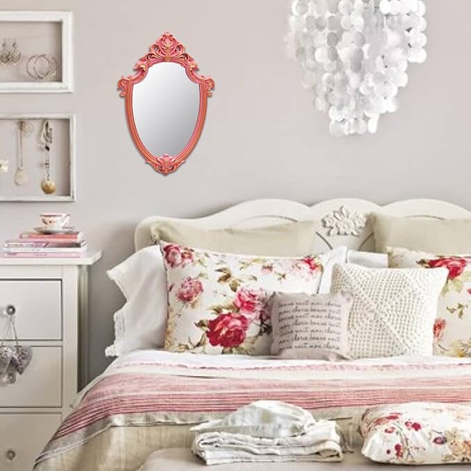 Eaoundm 16.5 x 11 inch Vintage Mirror Antique Mirror Decorative wall Mirror Shield Shape (Pink)