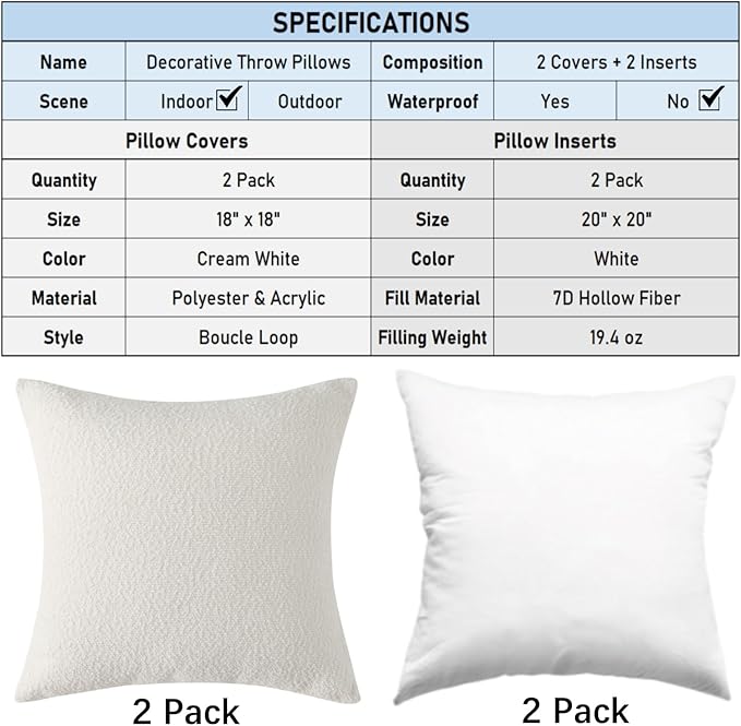 Complete Throw Pillows with Inserts, Set of 2 Decorative Throw Pillow-Boucle-18 x 18"-Square Boho Pillows for Couch, Patio, Bed, Sofa Decor (White, 18" x 18"(Pack of 2))