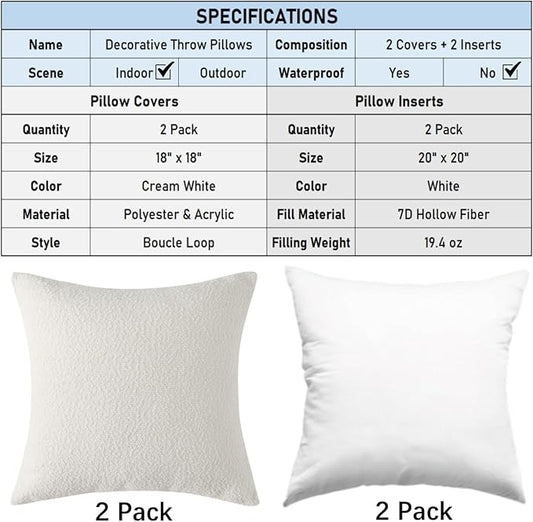 Complete Throw Pillows with Inserts, Set of 2 Decorative Throw Pillow-Boucle-18 x 18"-Square Boho Pillows for Couch, Patio, Bed, Sofa Decor (White, 18" x 18"(Pack of 2))