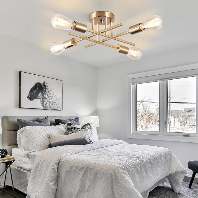 Sputnik Chandeliers, Modern Semi Flush Mount Ceiling Light with E26 Base, Mid Century Industrial Kitchen Farmhouse Light Fixtures for Bedroom Living Room (Brass, Ceiling 4 Lights)