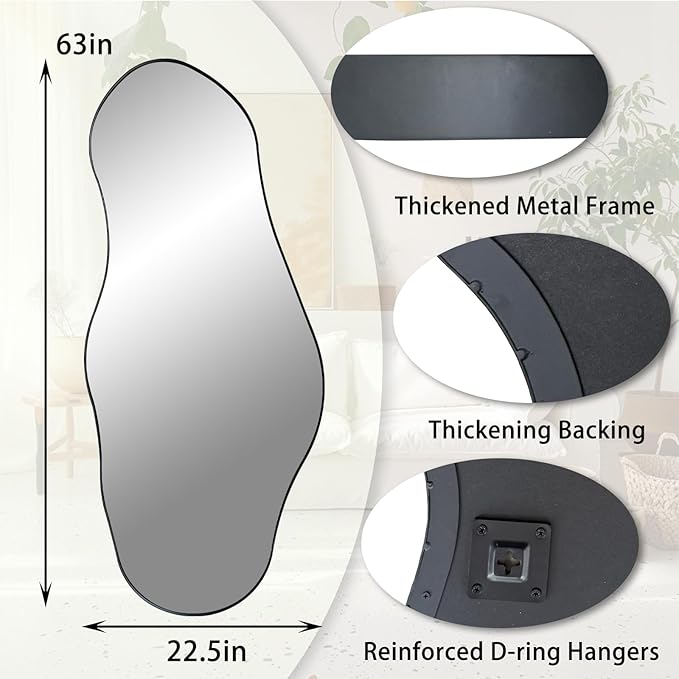 Irregular Mirror Full Length, 63"x22.5" Large Asymmetrical Mirror with Black Metal Frame, Abstract Wall Mirrors for Living Room Bedroom Hallway Entryway, Hangs Vertically or Horizontally