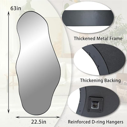 Irregular Mirror Full Length, 63"x22.5" Large Asymmetrical Mirror with Black Metal Frame, Abstract Wall Mirrors for Living Room Bedroom Hallway Entryway, Hangs Vertically or Horizontally