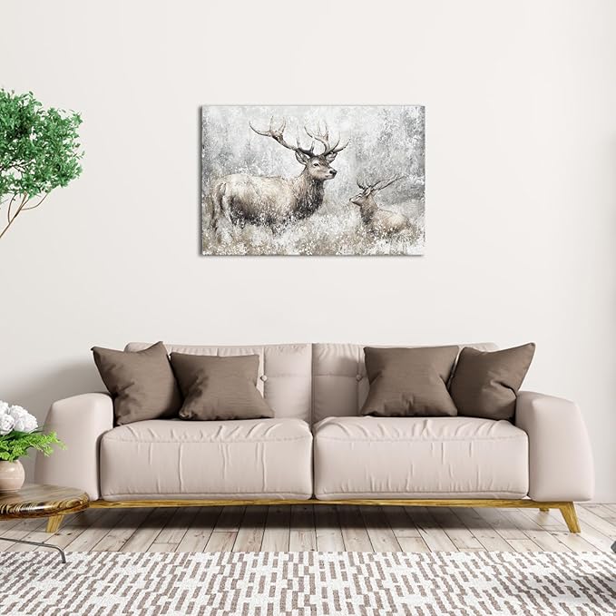 LevvArts Deer Canvas Wall Art Vintage Elk Painting Prints Rustic Farmhouse Kitchen Decor Wildlife Artwork Framed Ready to Hang (Large)