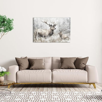 LevvArts Deer Canvas Wall Art Vintage Elk Painting Prints Rustic Farmhouse Kitchen Decor Wildlife Artwork Framed Ready to Hang (Large)