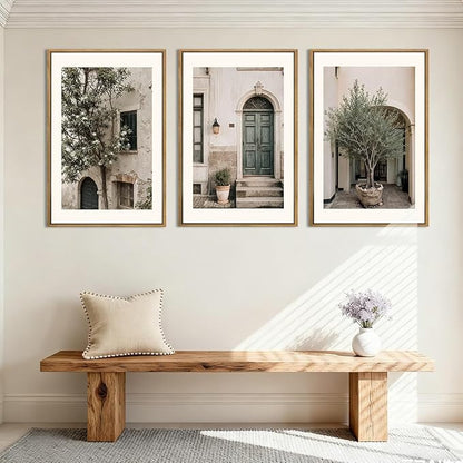 HPNIUB Large Vintage Italy City Landscape Framed Canvas Wall Art Set, Olive Green Tree Country Wall Decor, Modern Minimalist Countryside Villages Picture for Living Room,Bedroom,Office-24 x36 x3