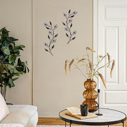 sxnzequnze 2 Sets Leaf Wall Art for Home Metal Bling Rhinestones Ready to Hang Tree Branch Leaves Olive Vine Wrought Iron Hanging Sculpture Pieces Wall Decor Pcs - 16.5in