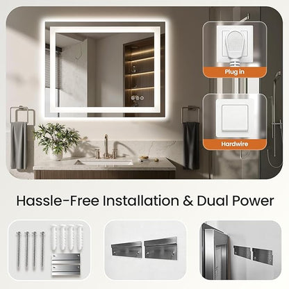 24X30 LED Bathroom Mirror with Lights, Anti-Fog, Dimmable - Lighted Bathroom Vanity Mirror with Front & Back Light, 3 Color Temperatures, Memory Function, Tempered Glass (Horizontal/Vertical)