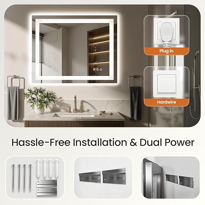 60X40 LED Bathroom Mirror with Lights, Anti-Fog, Dimmable - Lighted Bathroom Vanity Mirror with Front & Back Light, 3 Color Temperatures, Memory Function, Tempered Glass (Horizontal/Vertical)