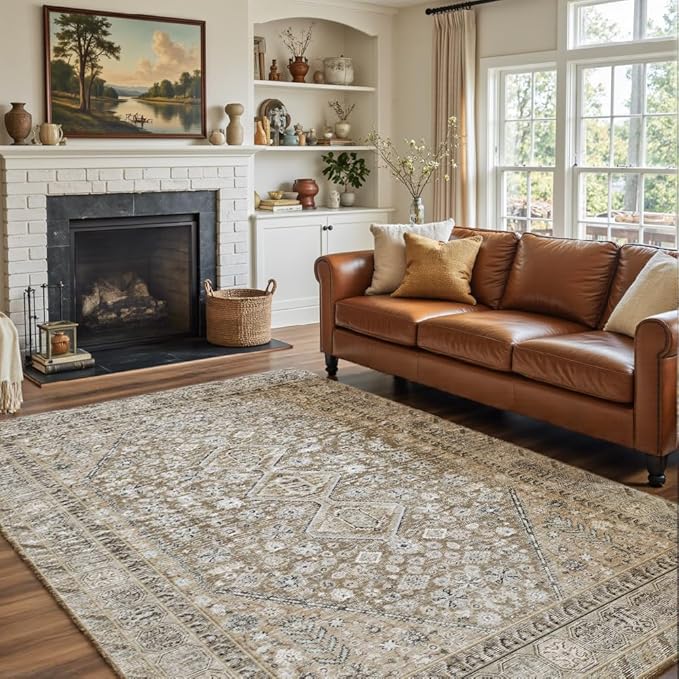 5x7 Area Rugs Beige Brown Washable Rug for Living Room, Bedroom, Dining Room, Large Carpets, Non Slip & Non-Shedding Low Pile Vintage Print Rug for Home Office Decor