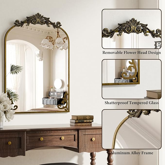 Koonmi Vintage Mirror, 30x40 Antique Decorative Mirrors with Flower Head, Bronze Ornate Mirror for Wall, Tempered Glass, Baroque Mirrors for Bathroom Living Room Fireplace Entryway