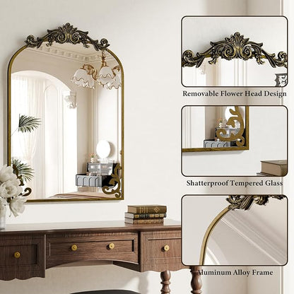 Koonmi Vintage Mirror, 30x40 Antique Decorative Mirrors with Flower Head, Bronze Ornate Mirror for Wall, Tempered Glass, Baroque Mirrors for Bathroom Living Room Fireplace Entryway
