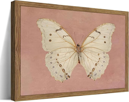 Framed Butterfly Canvas Wall Art, Pink Vintage Neutral Moody Insect Wall Decor Pictures, Antique White Moth Prints Paintings Aesthetic Posters for Living Room Bedroom Bathroom Office 8x10 Inch