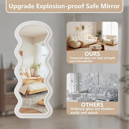 Wavy Full Length Mirror, 71"x32" Flannel Mirrors Full Length with Stand, Full Boby Mirrors for Bedroom, Living Room, Cloakroom, Hanging Leaning Wall Mirror, White