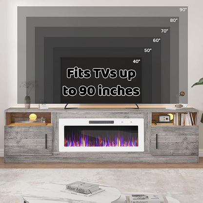 Lemberi Fireplace tv Stand with 36 inch White Fireplace Up to 90" TVs, LED Light Entertainment Center and Storage, 80" Modern Wood Media TV Console with Highlight Cabinet for Living Room (Gray)