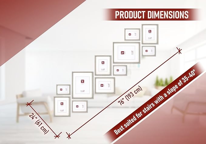VELISTA 11 Piece Stair Picture Frame Set for Wall – Shadow Box Stairwell Gallery Wall Frame Set -Stairway Décor for Walls - Ladder Picture Frames 4x6, 5x7, and 8x10 in - Staircase Wall Décor (Gray)