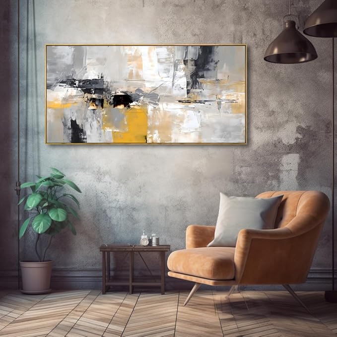Wall Art Yellow Black White and Grey Modern Artwork for Living Room Bedroom Dining Room Home Office Decor 20"x40" with Framed