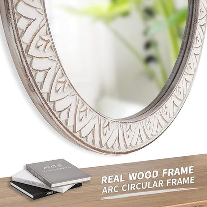 30" Round Wall Mirror, Farmhouse Wooden Frame Circle Mirrors, Rustic Large Decorative Wall Mounted Bathroom Mirror Distressed Hanging Mirrors for Living Room, Bedroom, Entryway, Fireplace, Hall