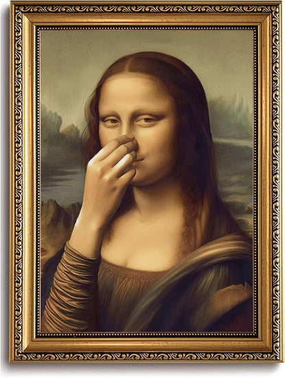 WZGZXU Vintage Gold Framed Wall Art Monalisa Holding Her Nose Wall Decor Monalisa Bathroom Canvas Art Funny Toilet Pictures Humor Imitation Paintings Ptints For Toilets Bathroom