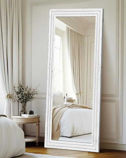 Full Length Mirror 65"x24" Solid Wood Frame Floor Large Mirror for Living Room, Bedroom Hanging or Leaning Wall-Mounted, White