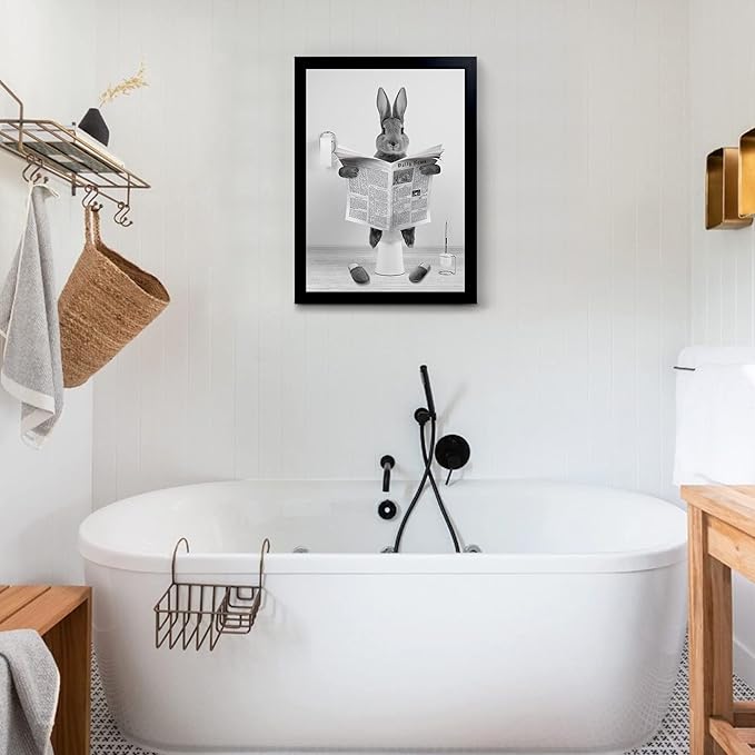 YongArt Black Framed Poster, Cute Rabbit Bathroom Wall Art, Farmhouse Style Animals Bathroom Wall Decor, Black and White Canvas Wall Art Ready to Hang for Kids Bathroom