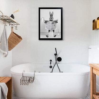 YongArt Black Framed Poster, Cute Rabbit Bathroom Wall Art, Farmhouse Style Animals Bathroom Wall Decor, Black and White Canvas Wall Art Ready to Hang for Kids Bathroom