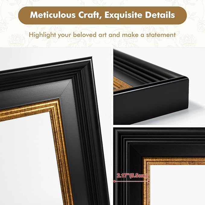 Plein Art Frame for 18x24 Canvas Oil Paintings Diamond Art Prints, No Glass & Backing, 1.7" Wide Vintage Gallery Wall Frame for Coffee Book Shop Dining Room Kitchen Decor (Black Gold)