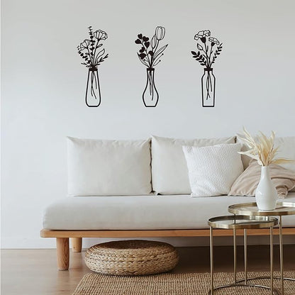 Metal Flowers Wall Arts 3 Pieces Black Metal Wall Decor Minimalist Art Wall Decor for Indoor Bedroom Living Room Bathroom Kitchen. (black1)