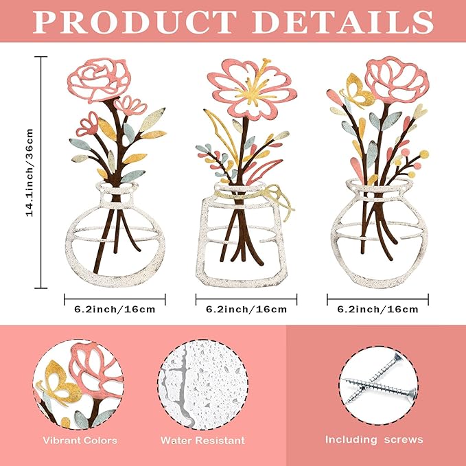 ARTINME 3 Pieces Metal Flowers Wall Arts - Rustic Farmhouse Decor Minimalist Flower Wall Decors for Living Room Bathroom Kitchen Bedroom Dining Room - Housewarming Gifts (Beige)