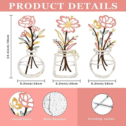 ARTINME 3 Pieces Metal Flowers Wall Arts - Rustic Farmhouse Decor Minimalist Flower Wall Decors for Living Room Bathroom Kitchen Bedroom Dining Room - Housewarming Gifts (Beige)