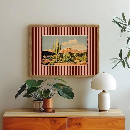 Framed Vintage Western Landscape Wall Art Set of 3, Striped Postcards Southwest Desert Cactus Pictures Wall Decor Paintings, Boho Plant Canvas Prints for Living Room Bedroom Office 16x24 inch